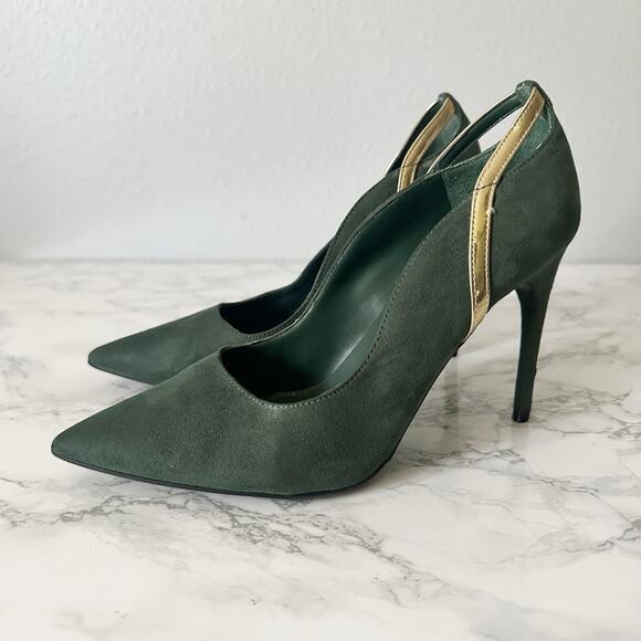 Marc Fisher Garlene Forest Green Vegan Suede Gold Stiletto Heels Women’s Size 7 - Picture 1 of 11